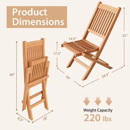 Wooden folding chair with dimensions and weight capacity on a white background
