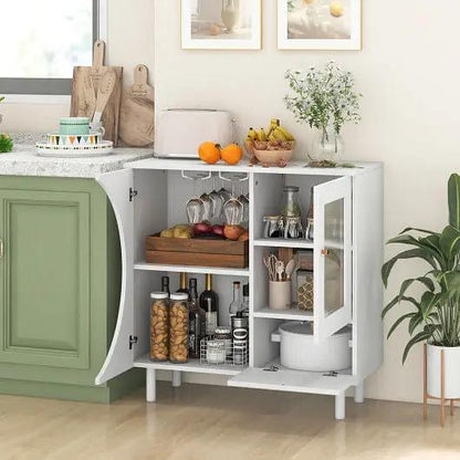 Kitchen cabinet with open doors displaying various kitchen items in a well-lit kitchen.