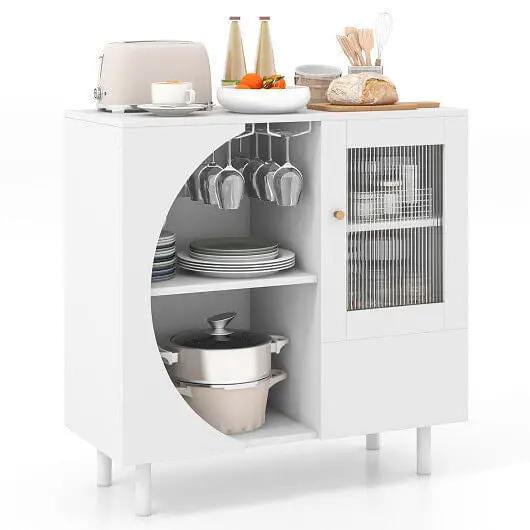 White kitchen cabinet with shelves and a round door, displaying kitchenware.