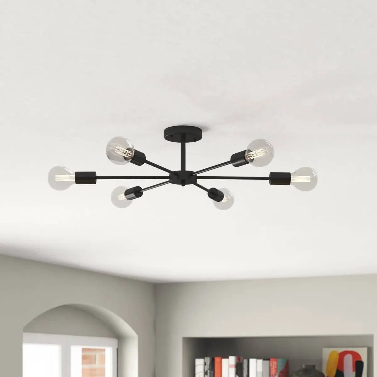 Mid-Century Modern 6-Light Black Sputnik Semi Flush Mount Ceiling Light-0