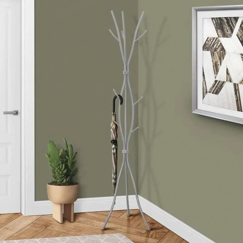 74-inch Freestanding Silver Metal Coat Rack Hall Tree Umbrella Stand-2