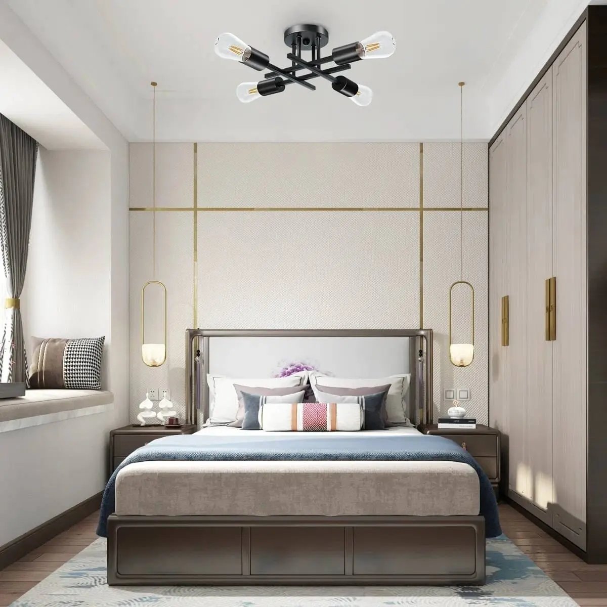 Modern 4-Light Black Sputnik Flush Mount Ceiling Light Fixture-0