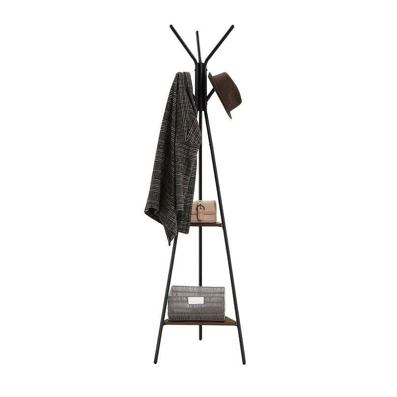 Black metal coat rack with shelves on a white background