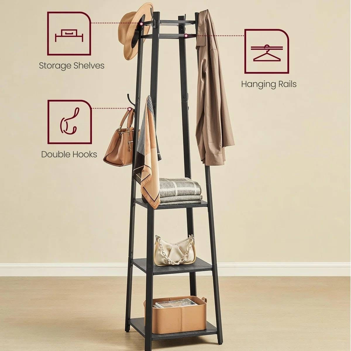 Leaning ladder-style coat rack with storage shelves, hanging rails, and double hooks against a beige wall.