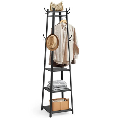 Black ladder-style coat rack with clothes and a hat on a white background
