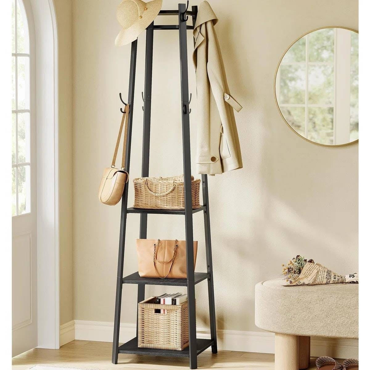 Leaning ladder with shelves holding bags and a coat in a room with a mirror and ottoman.