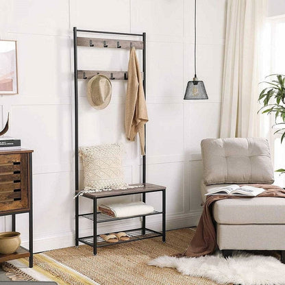 Entryway with coat rack, bench, and seating area in a home setting.