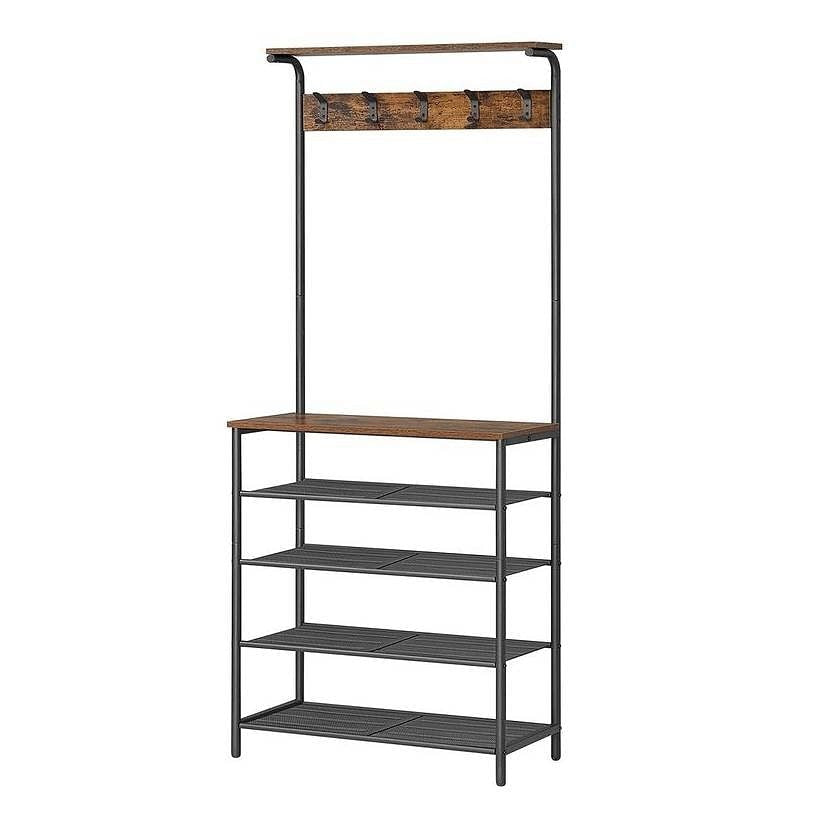 Multifunctional stand with shelves and a coat rack on a white background