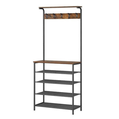 Multifunctional stand with shelves and a coat rack on a white background