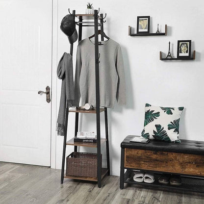 Entryway with a coat rack, bench, and shelves against a white wall.