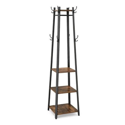 Wooden coat rack with shelves on a white background