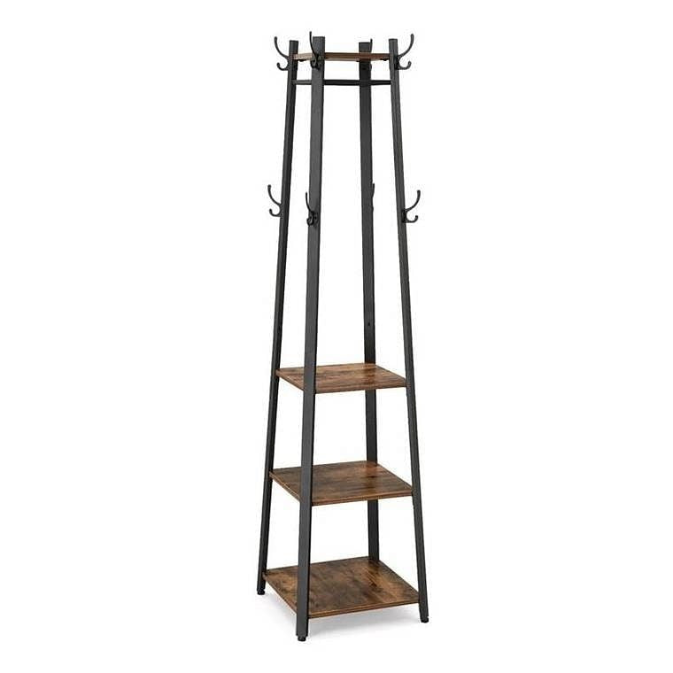 Wooden coat rack with shelves on a white background