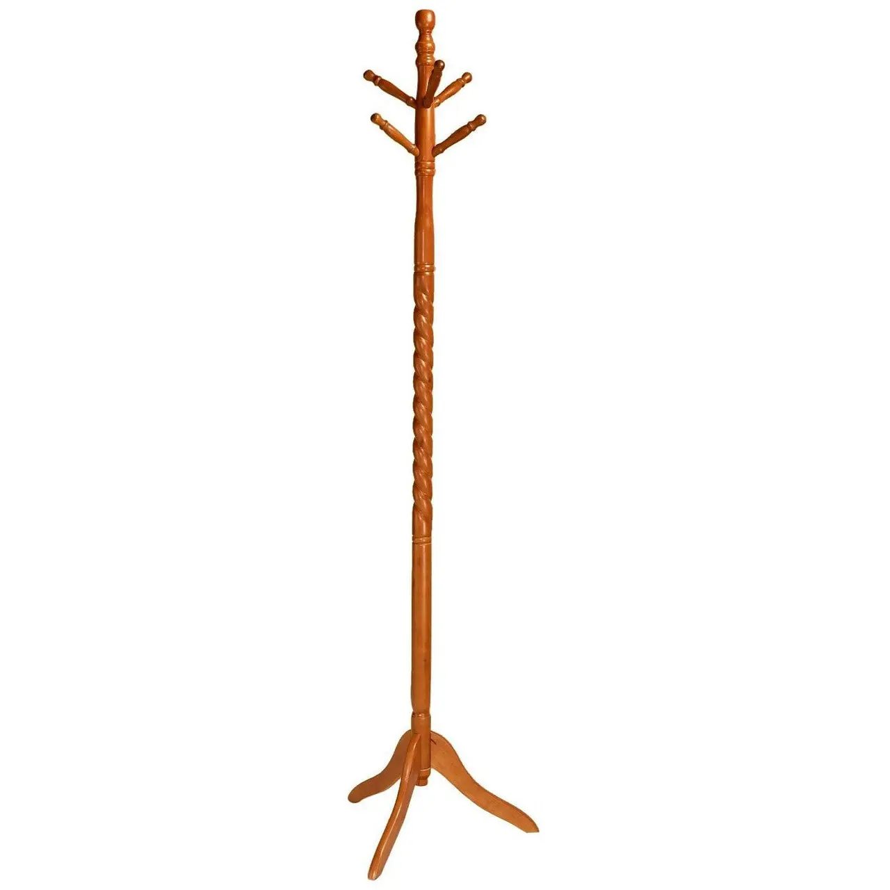 Wooden coat rack with multiple hooks on a white background