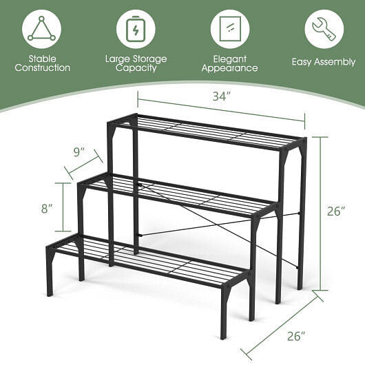 Black metal shoe rack with dimensions and features on a white background