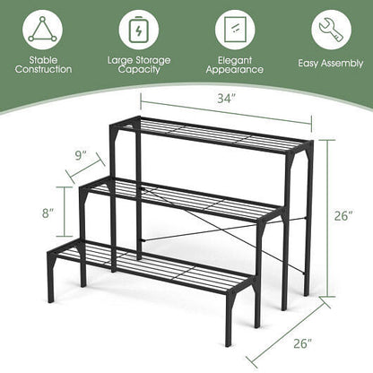 Black metal shoe rack with dimensions and features on a white background