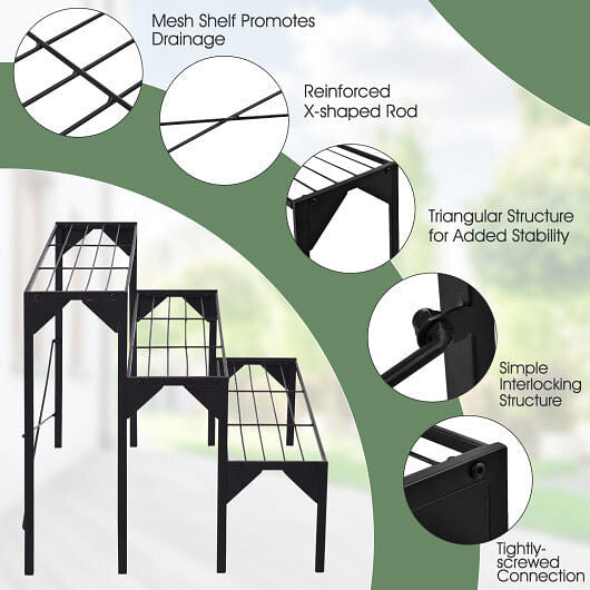 Black metal mesh shelf with features highlighted on a green and white background