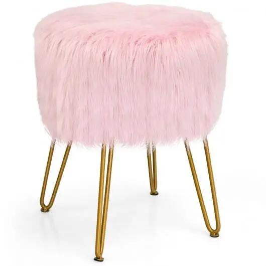 Pink Faux Fur Vanity Stool Chair with Metal Legs for Bedroom and Living Room-1