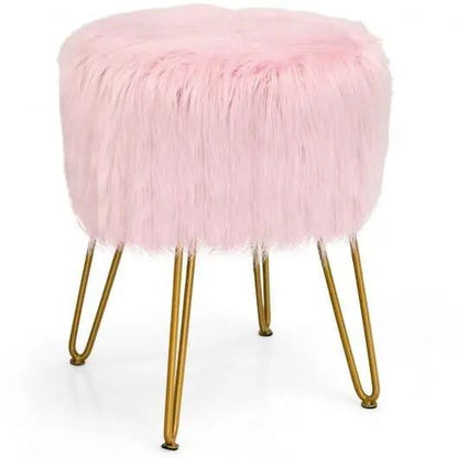 Pink Faux Fur Vanity Stool Chair with Metal Legs for Bedroom and Living Room-1