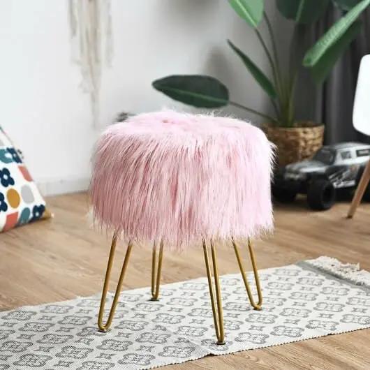 Pink Faux Fur Vanity Stool Chair with Metal Legs for Bedroom and Living Room-0