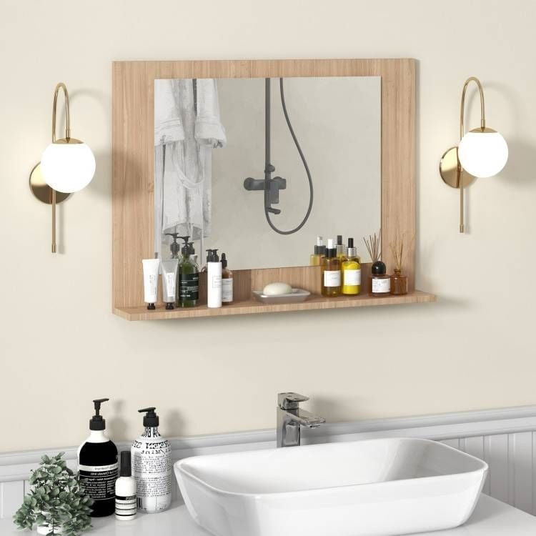 Bathroom setup with a mirror, shelves, and various toiletries on a neutral background