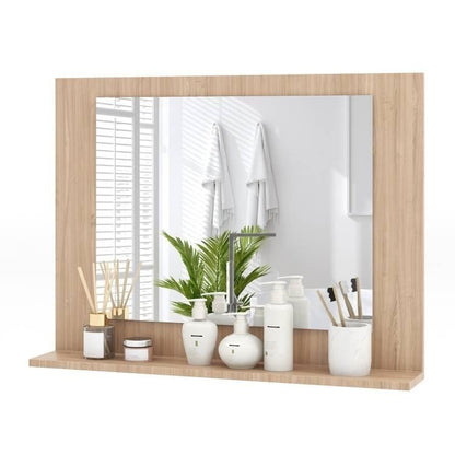 Wooden vanity mirror with decorative items on a white background