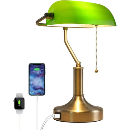 Traditional Bankers Desk Lamp with Green Glass Shade and USB Ports-0