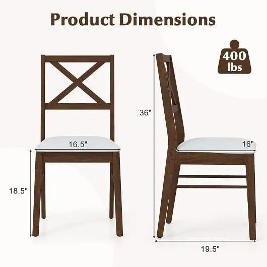 Wooden chairs with dimensions and weight capacity on a white background