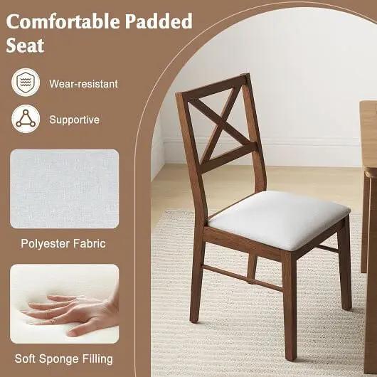 Wooden chair with a white cushioned seat, featuring text on comfort and materials.