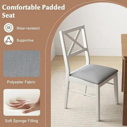 White chair with gray cushioned seat in a room setting, featuring text on comfort and material.
