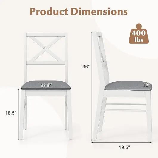 White chairs with gray cushions and dimensions on a white background