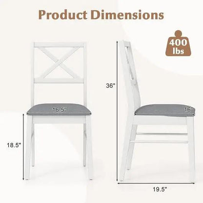 White chairs with gray cushions and dimensions on a white background