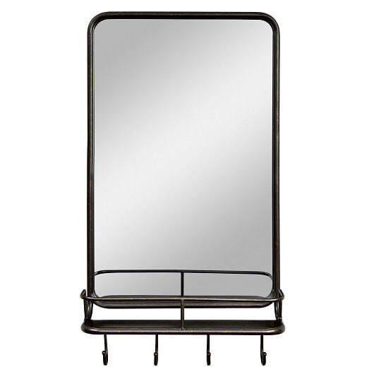 Black-framed mirror with a shelf on a white background