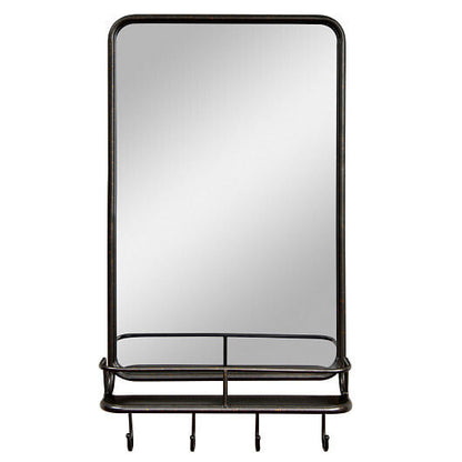 Black-framed mirror with a shelf on a white background