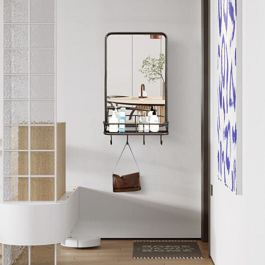 Bathroom interior with a mirror, sink, and various items on a shelf.