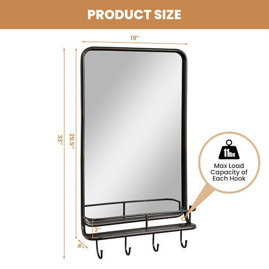 Wall-mounted mirror with hooks and dimensions labeled