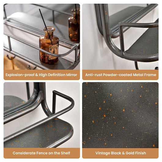 Metal shelf with explosion-proof mirror, anti-rust frame, and vintage black & gold finish.