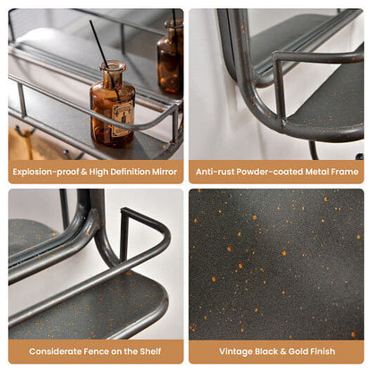 Metal shelf with explosion-proof mirror, anti-rust frame, and vintage black & gold finish.