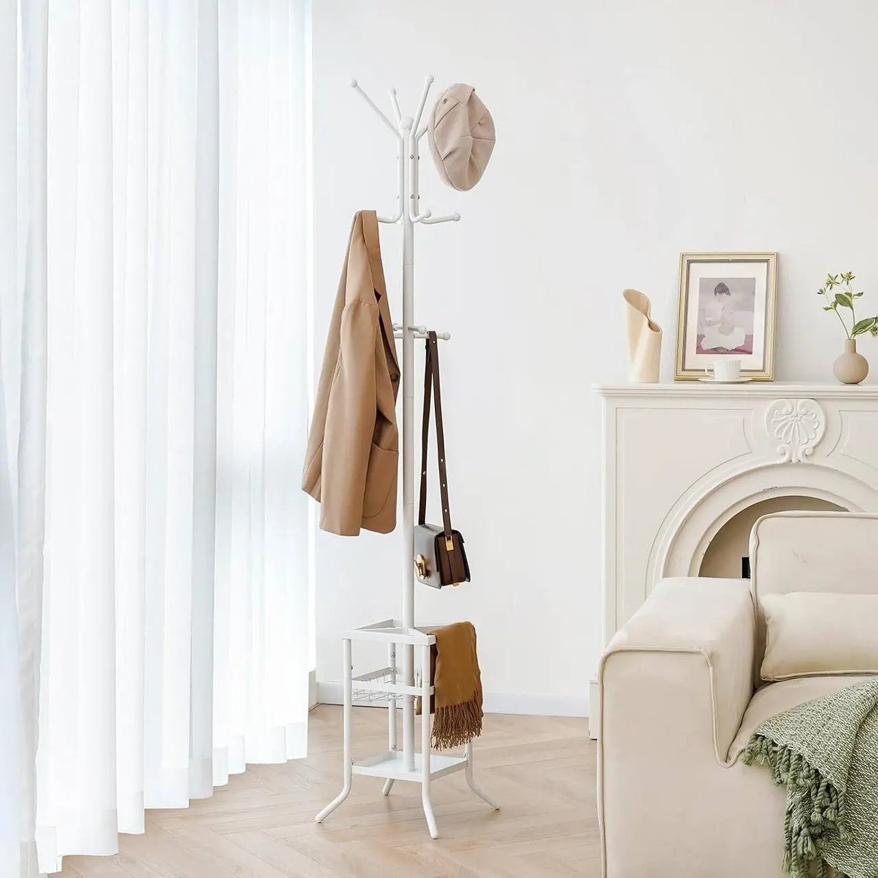 Coat rack with clothes in a living room setting