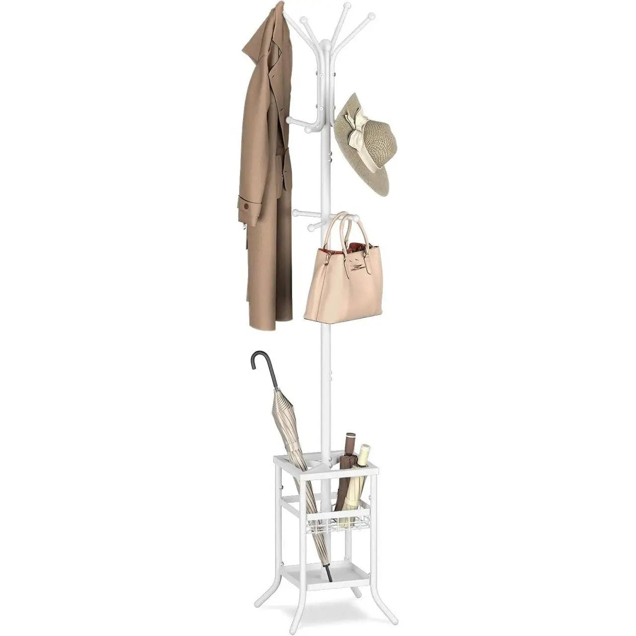 White coat rack with hooks and shelves holding a coat, handbag, umbrella, and books on a white background.
